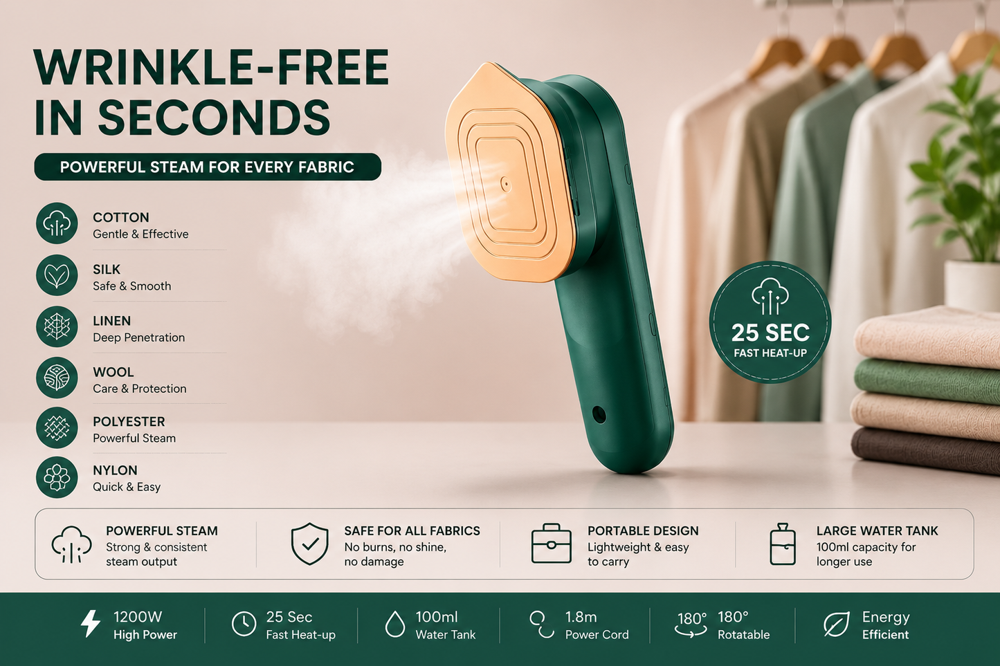 Portable 2-in-1 Handheld Garment Steamer & Travel Iron